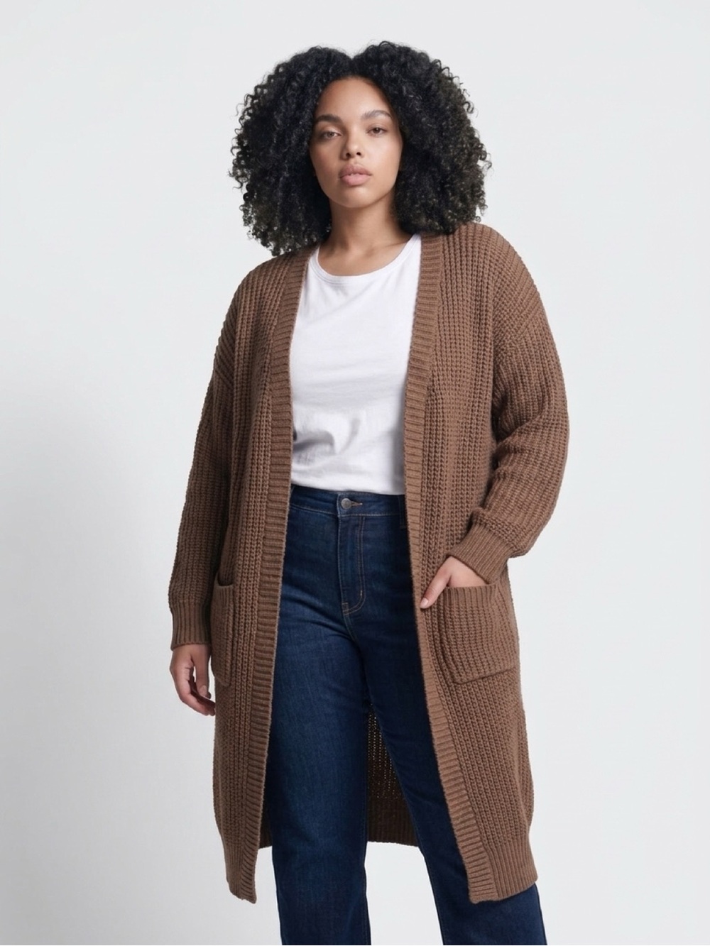 Brown Chunky Knit Longline Open Front Cardigan XL Pockets
